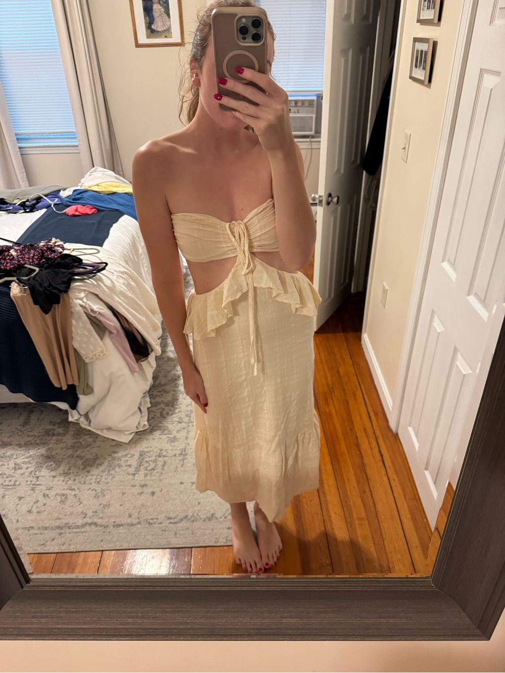 Women's Cream Tie-Front Cutout Midi Dress
